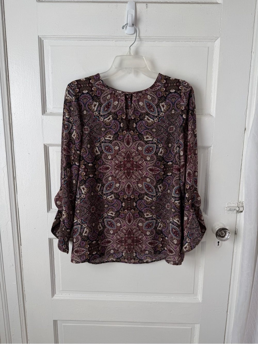 J. Jill Purple Paisley Long Sleeve Blouse Flutter Ruffle Sleeve Keyhole Neck S